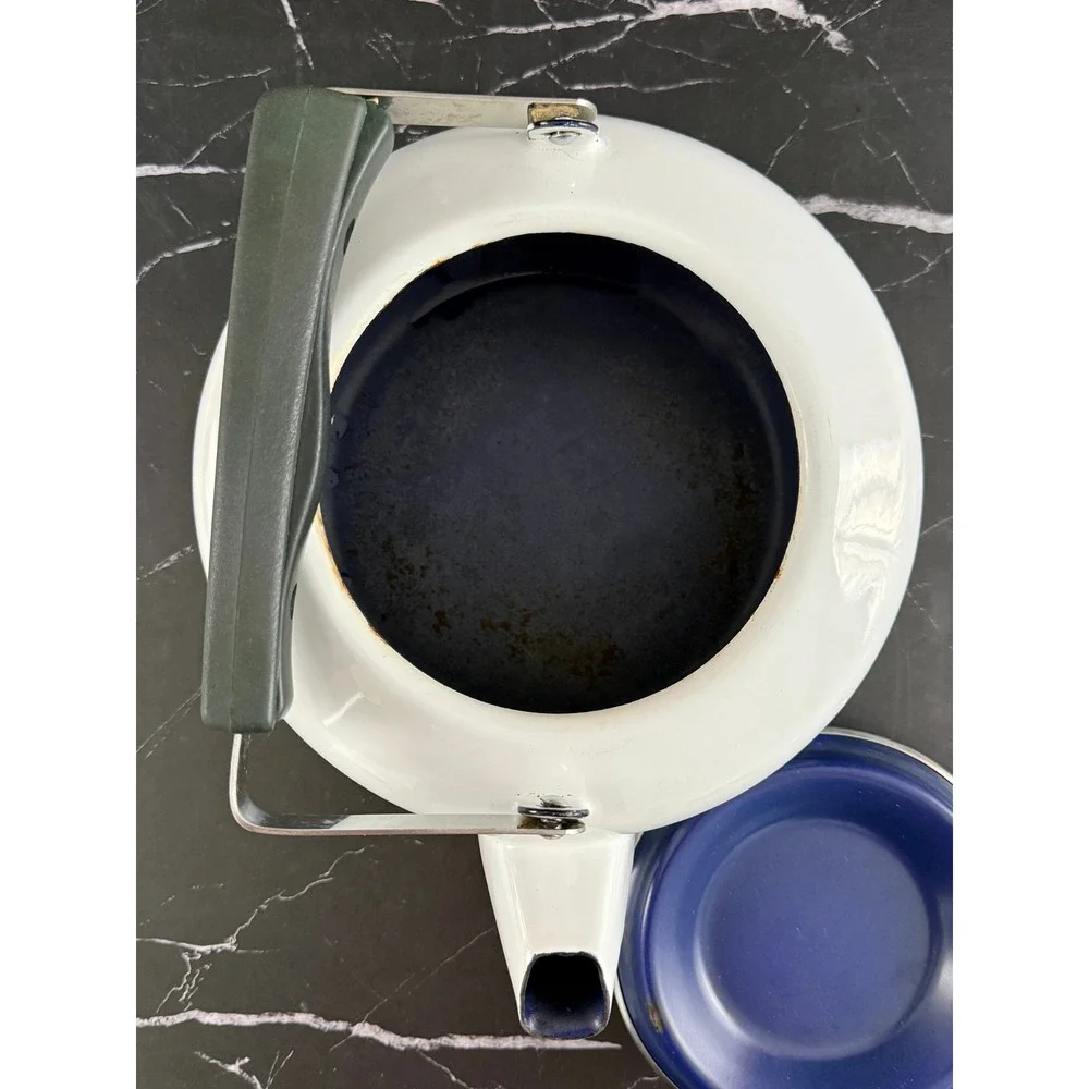 Vintage 1960s Howard Holt Blue Willow Tea Kettle Porcelainized Steel